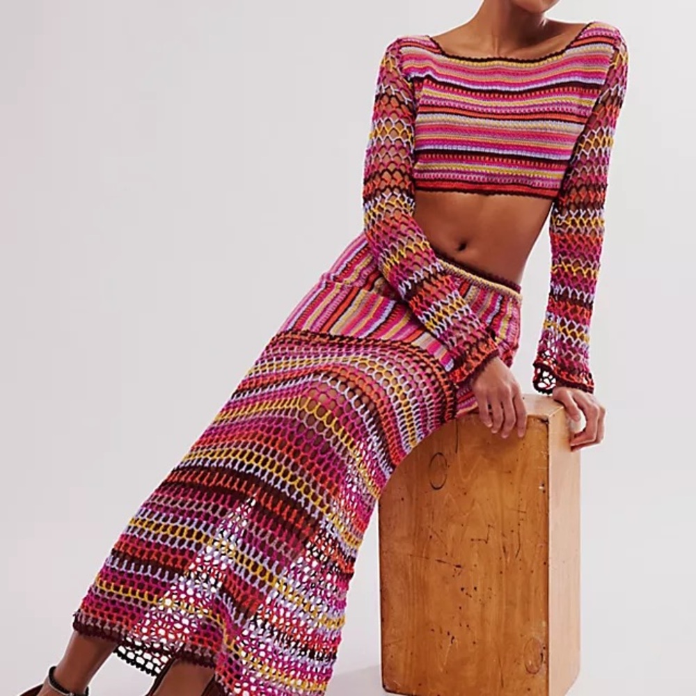 Free People Bali Sunrise Boho Crochet Knit Maxi Skirt and Long Sleeve Top Set